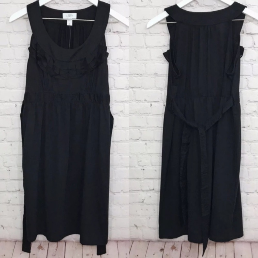 Ann Taylor LOFT Black Ruffle Belted Tie Dress NEW